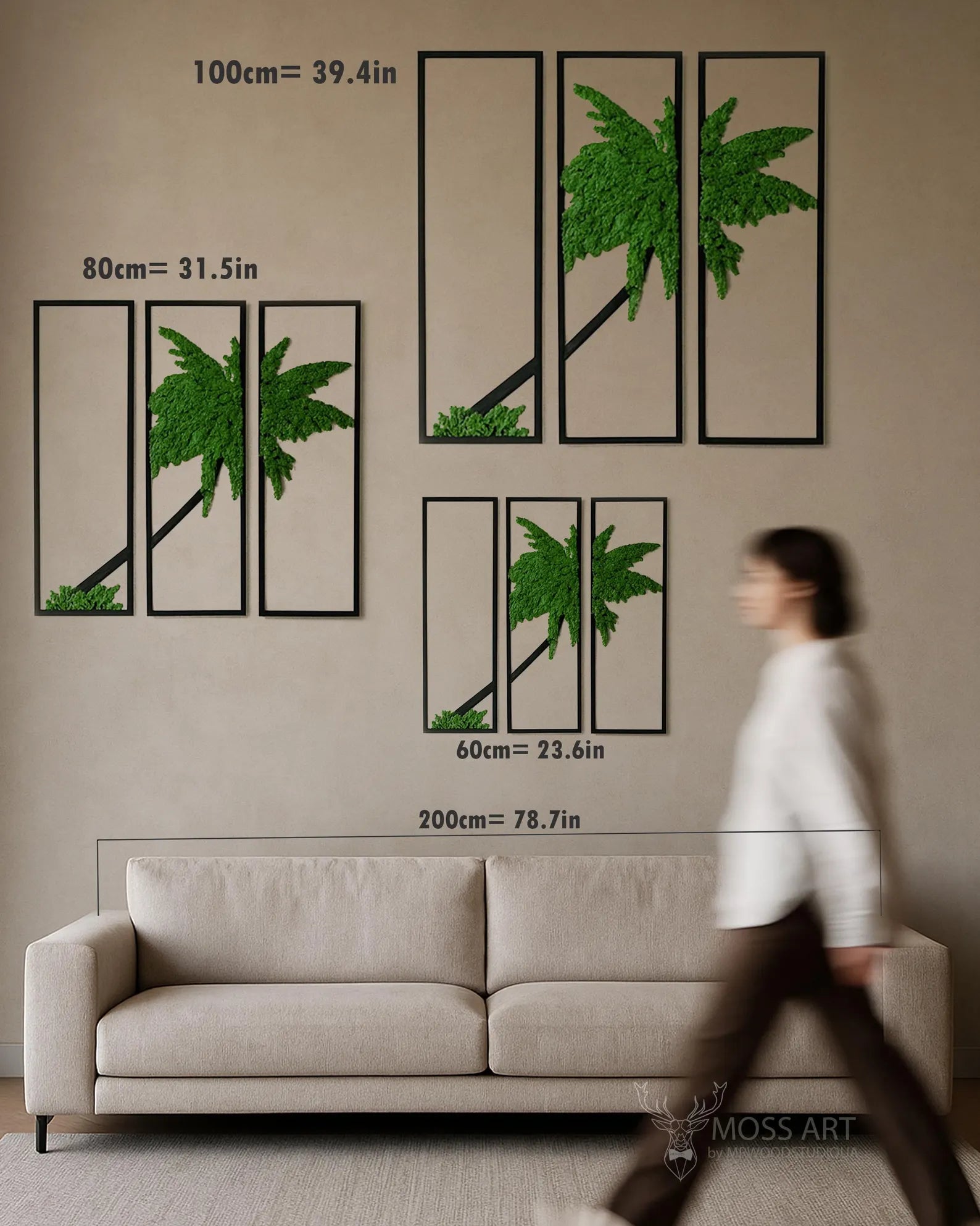 Tropical Moss Wall Art Triptych – Large Preserved Moss Panels with LED