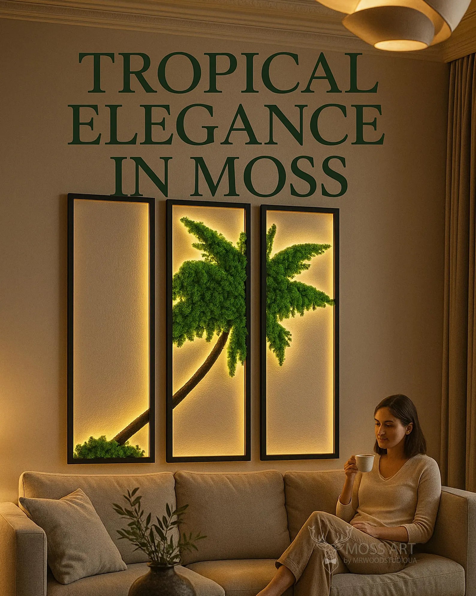 Tropical Moss Wall Art Triptych – Large Preserved Moss Panels with LED