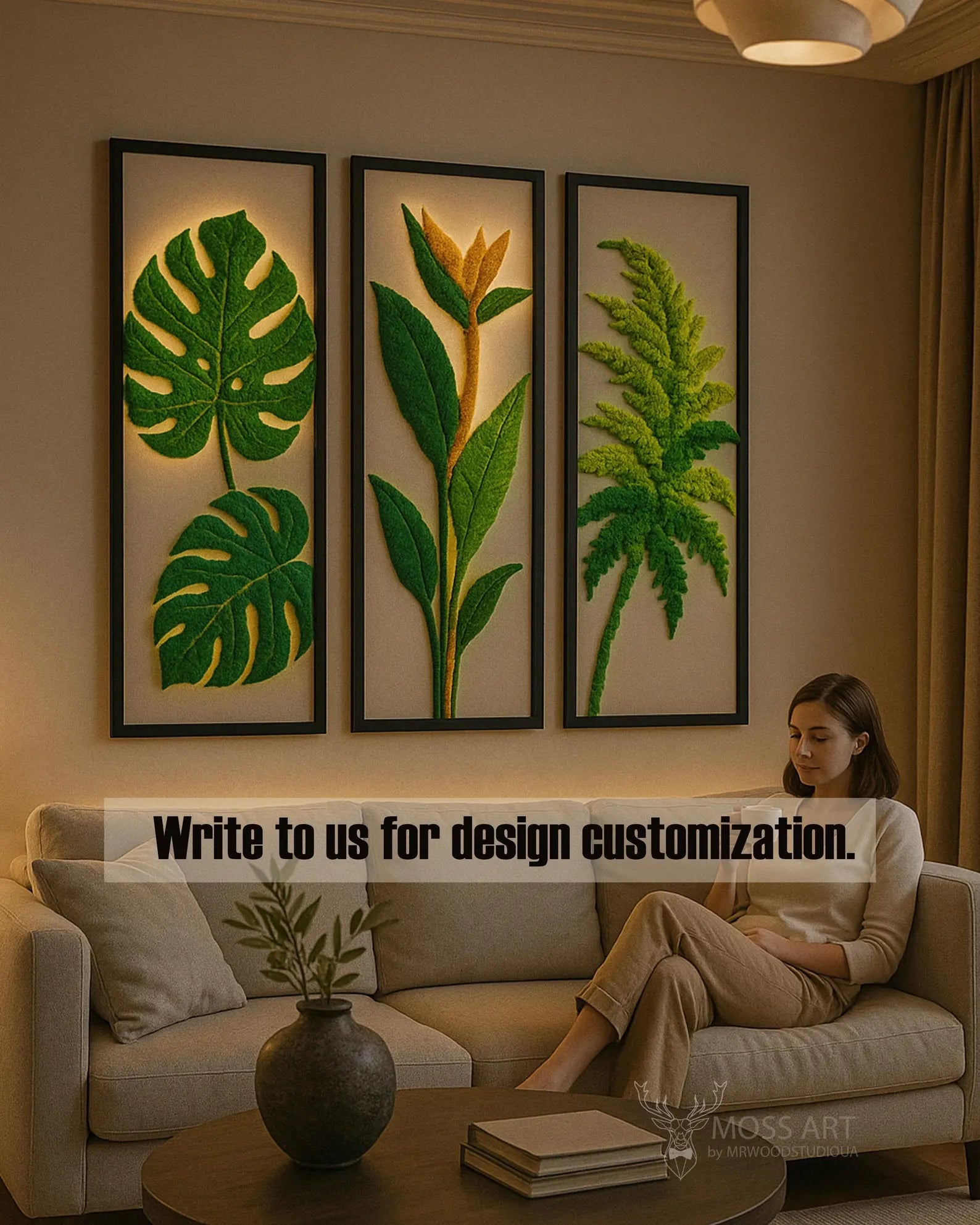 Tropical Moss Wall Art Triptych – Large Preserved Moss Panels with LED