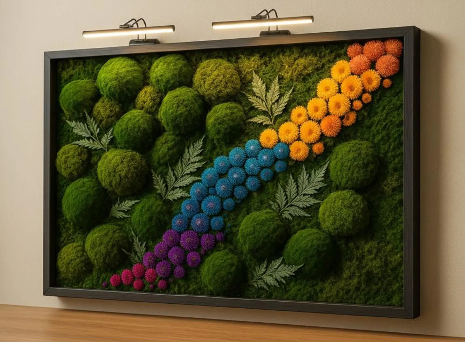 Preserved Moss Wall Art with LED Lights – Handmade Green Moss Frame for Home Decor