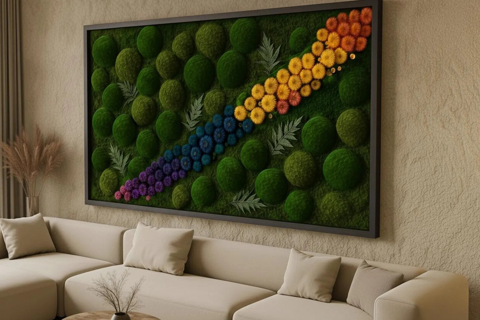 Preserved Moss Wall Art with LED Lights – Handmade Green Moss Frame for Home Decor