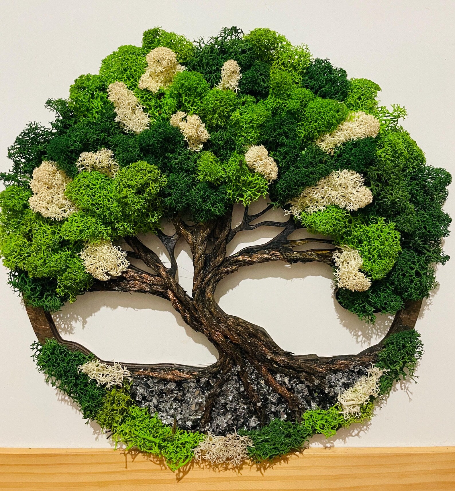 Tree of Life Moss Wall Art – Scandinavian Wood and Glass Handmade Decor