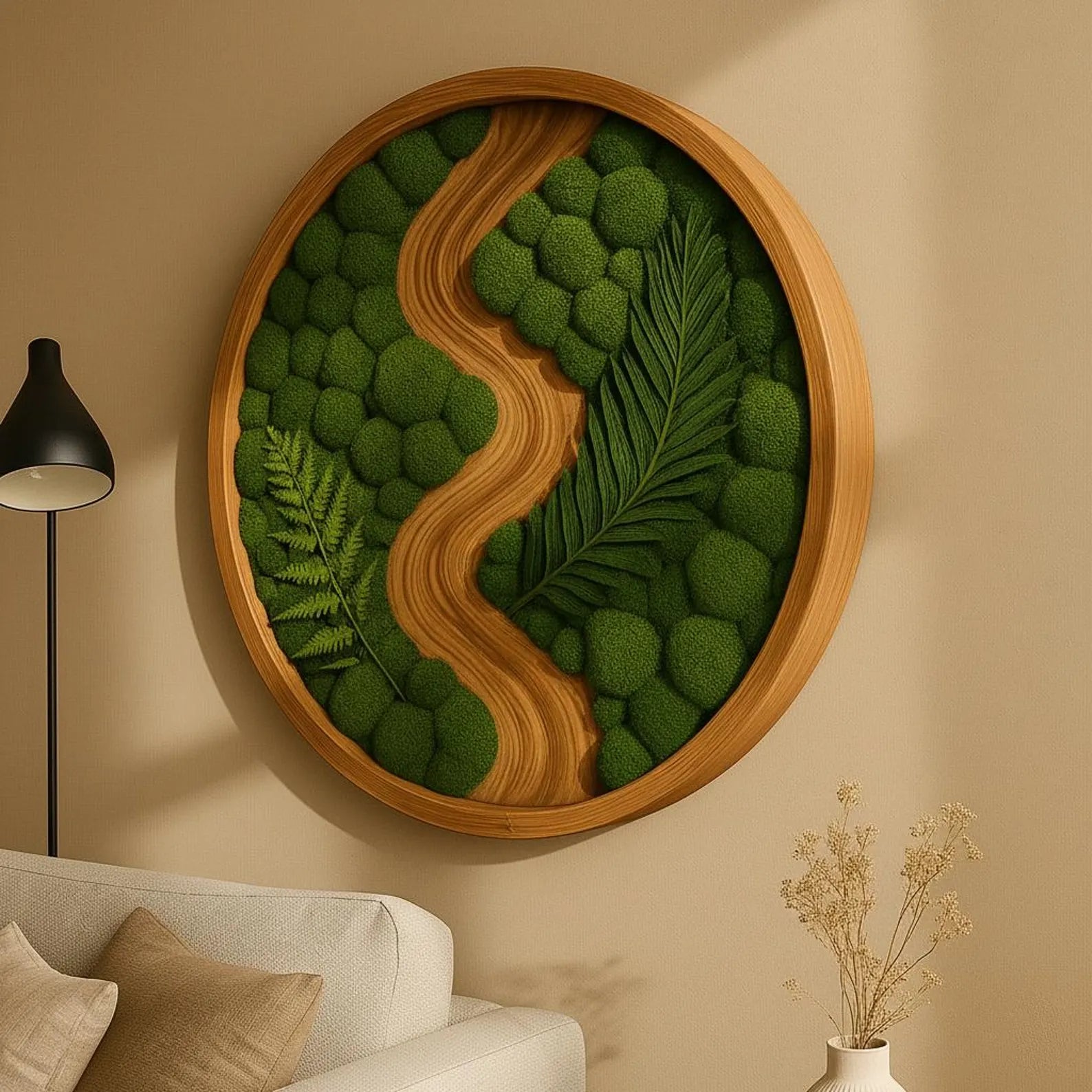 Handmade Preserved Moss Wall Art – Round Frame Natural Home Decor – Unique Green Business Gift