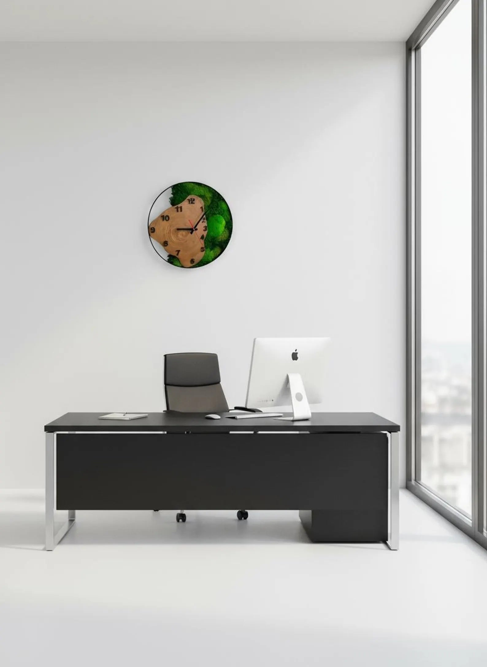 Moss and Wood Wall Clock – Rustic Silent Quartz Clock with Metal Frame, Green Nature Decor Gift