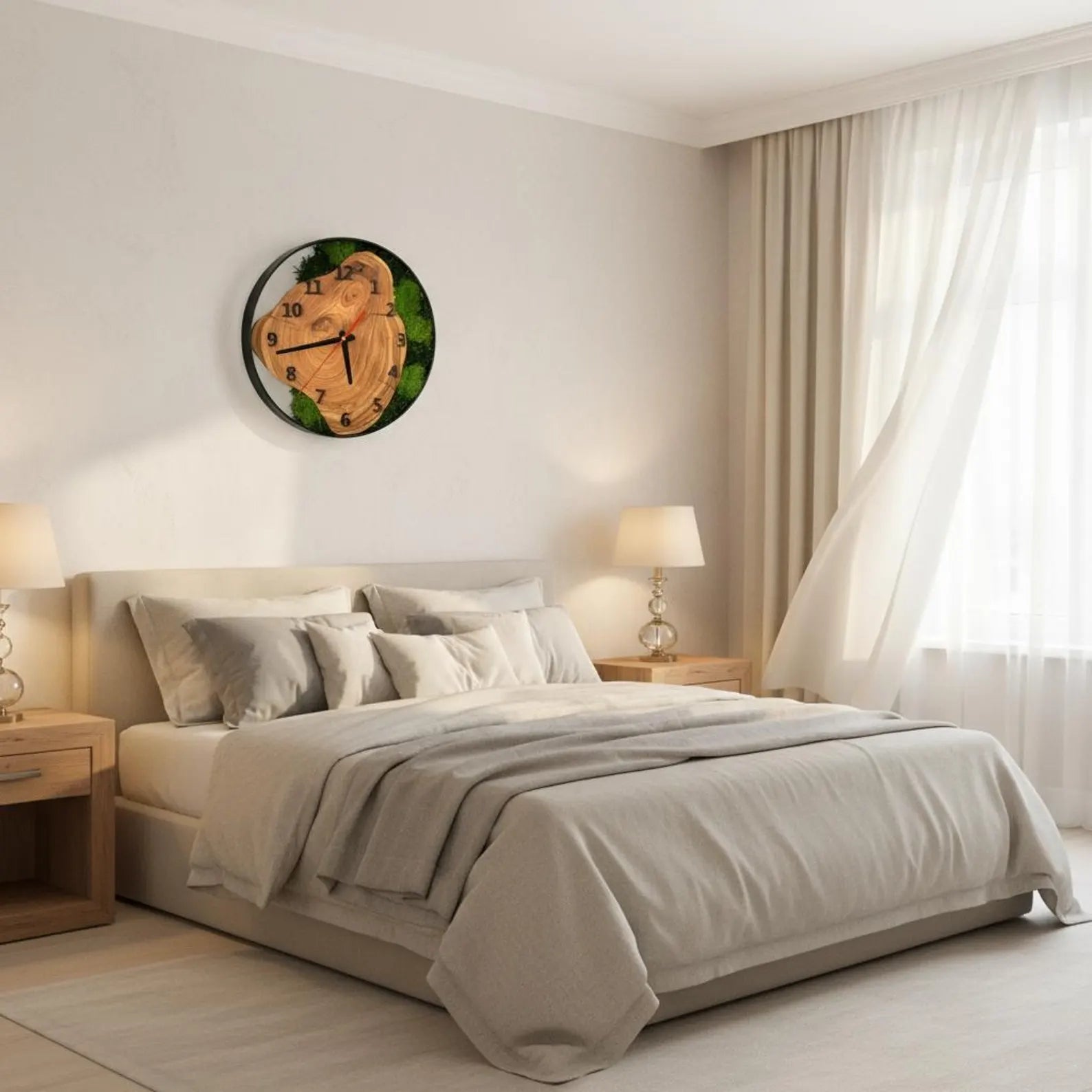 Moss and Wood Wall Clock – Rustic Silent Quartz Clock with Metal Frame, Green Nature Decor Gift