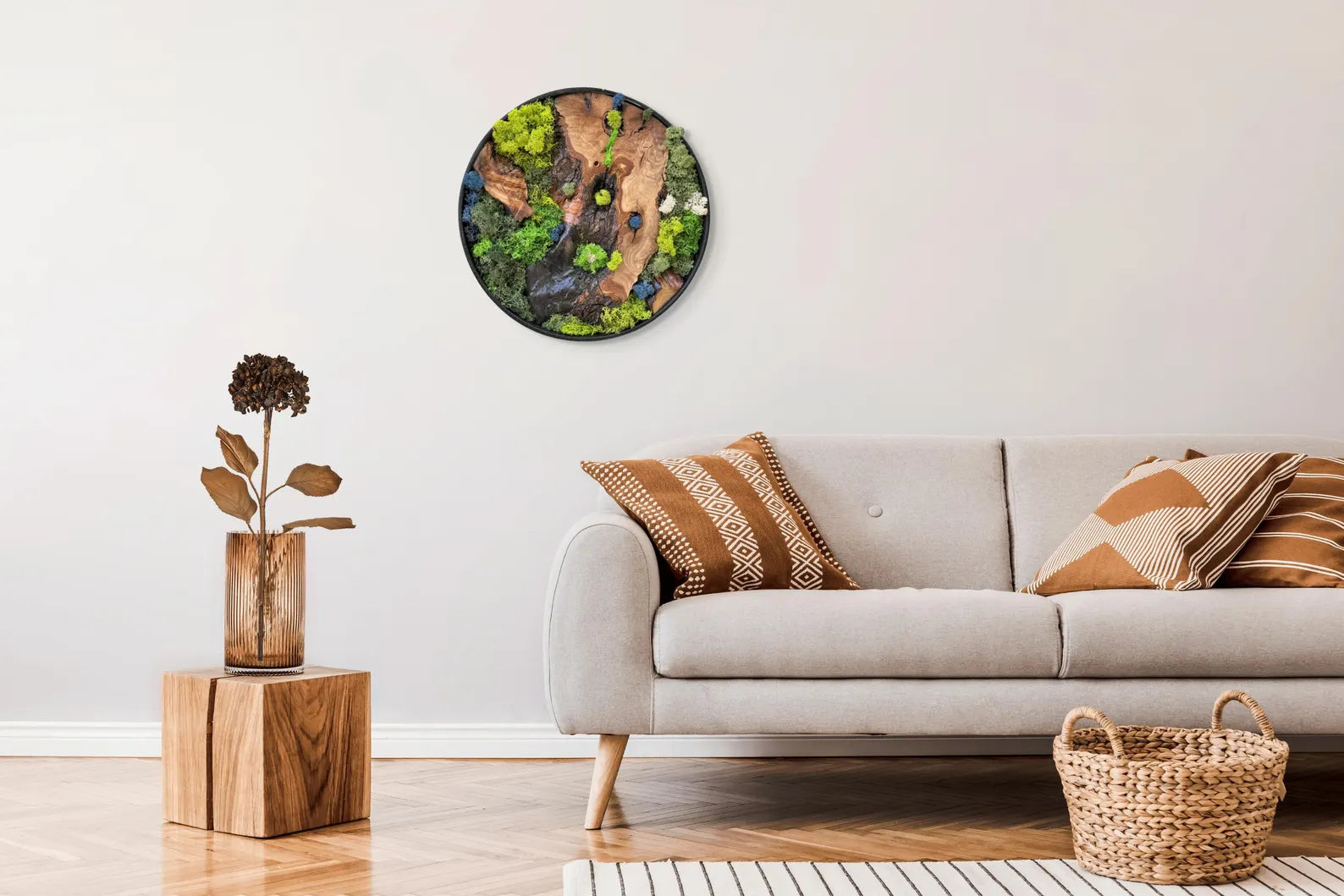 Moss and Olive Wood Wall Art – Metal Frame Preserved Moss Home Decor