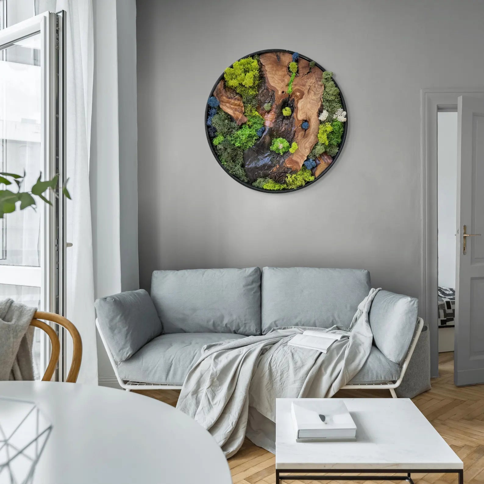 Moss and Olive Wood Wall Art – Metal Frame Preserved Moss Home Decor