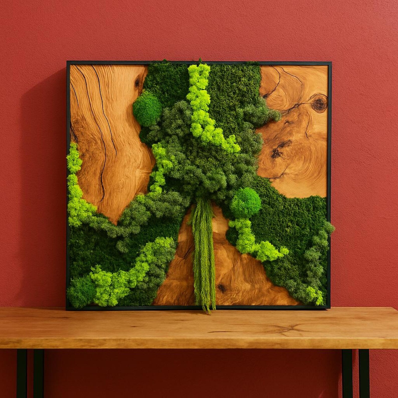 Preserved Moss and Olive Wood Wall Art – Biophilic Black Frame Wall Decor for Home or Office