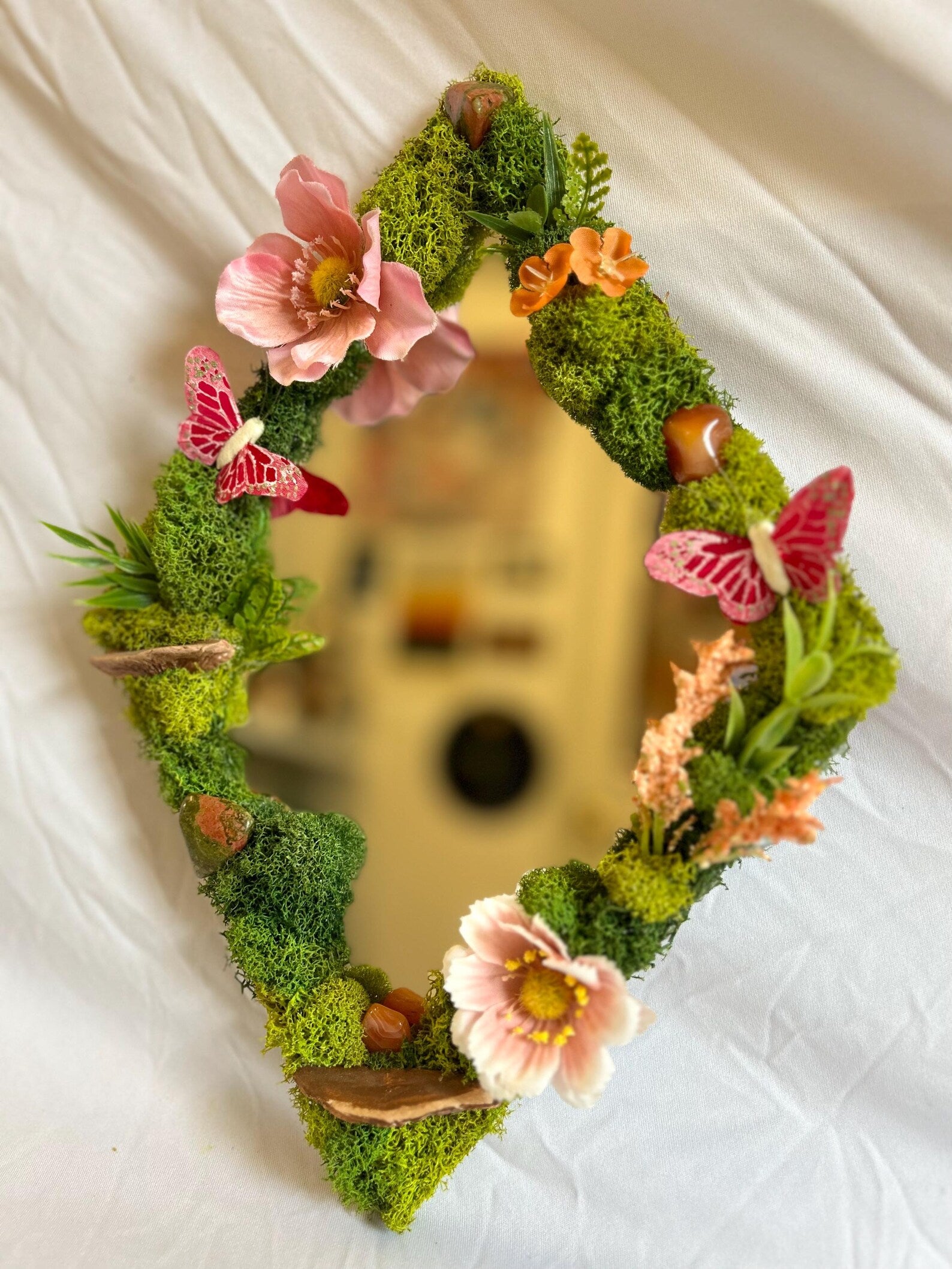 Pink & Orange Butterfly Fairy Mirror with Preserved Moss and Crystal Art