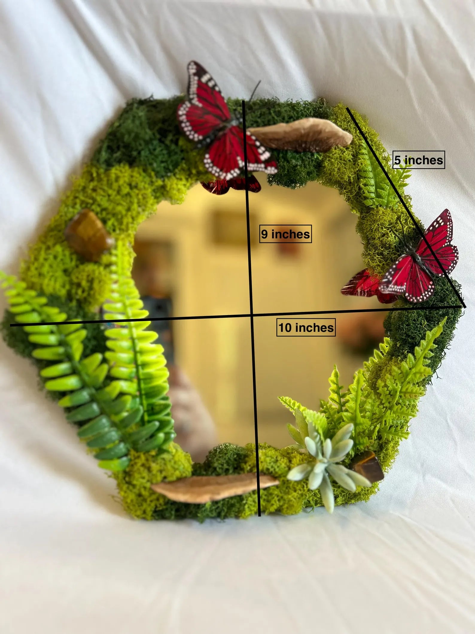Red Butterfly Fairy Mirror with Preserved Moss and Crystal Art