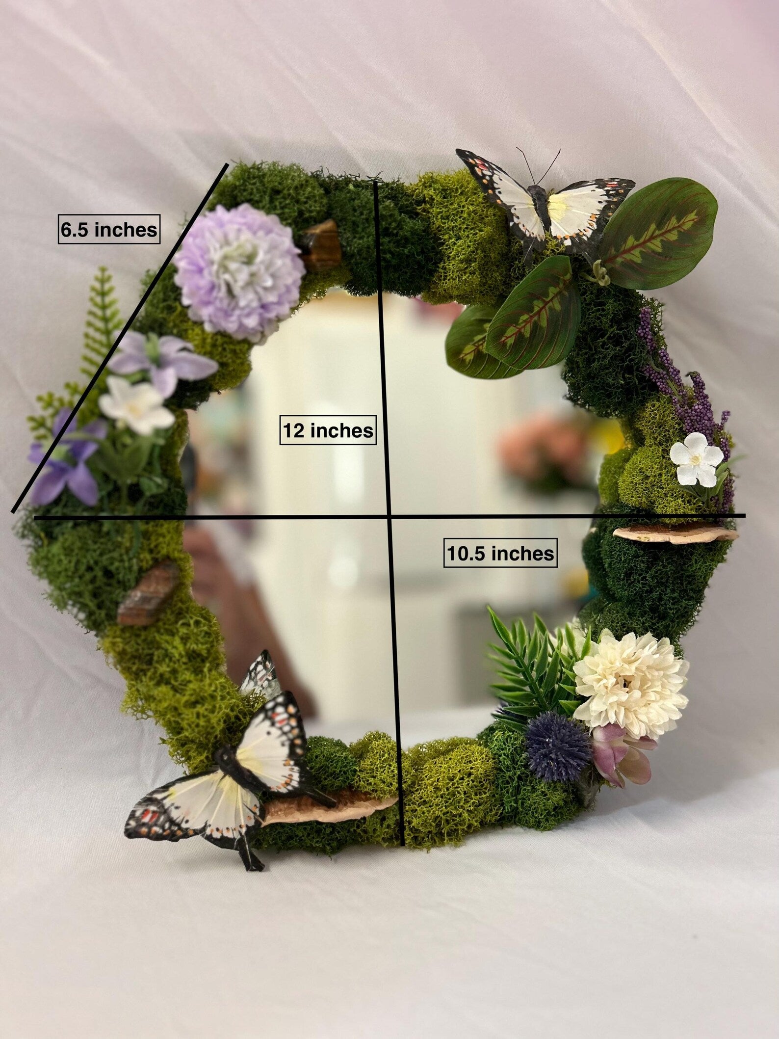 Preserved Moss Mirror – Butterfly Fairy Crystal Mirror Art (White & Purple)