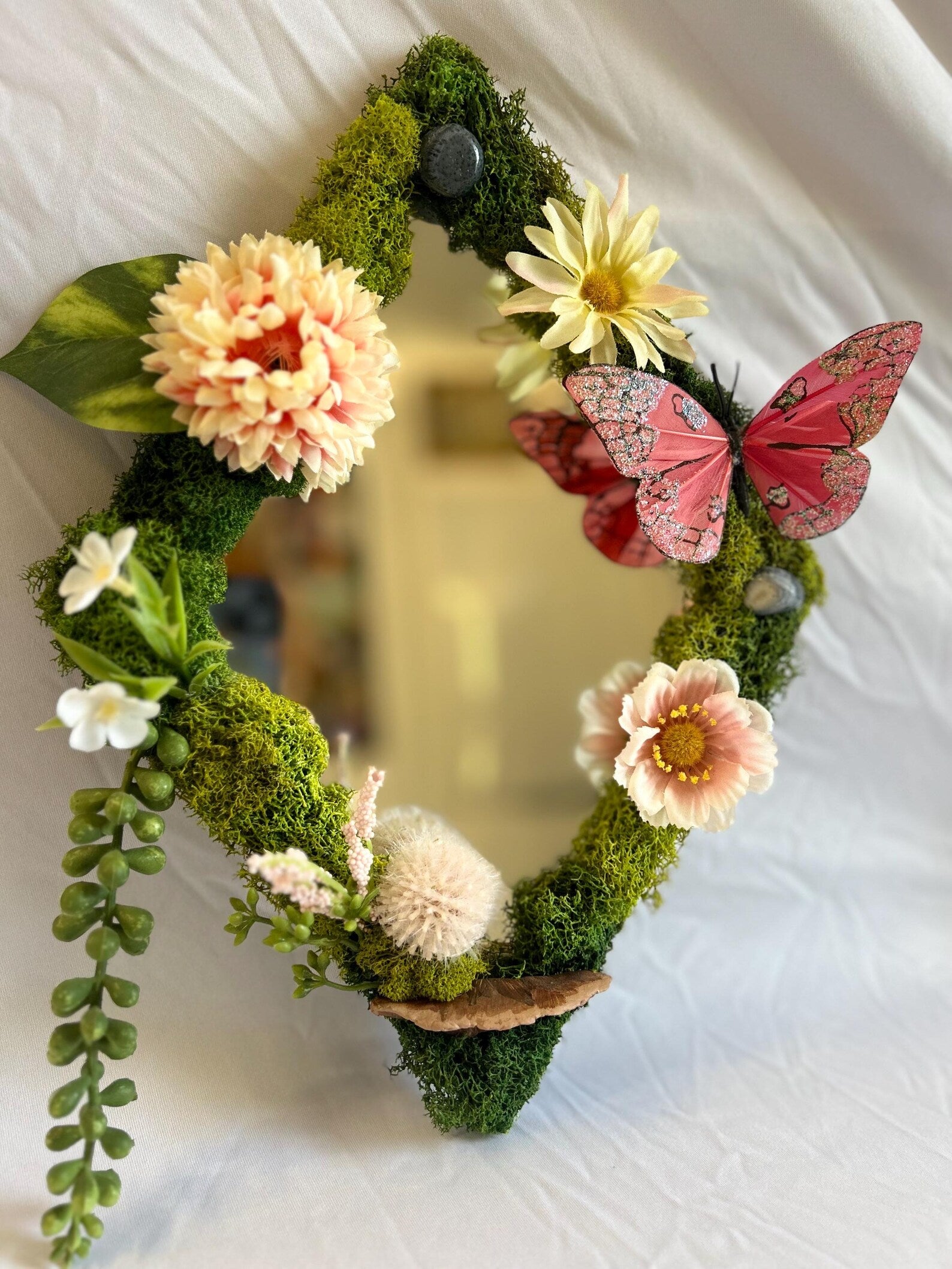 Pink Butterfly Fairy Mirror with Preserved Moss and Crystal Art