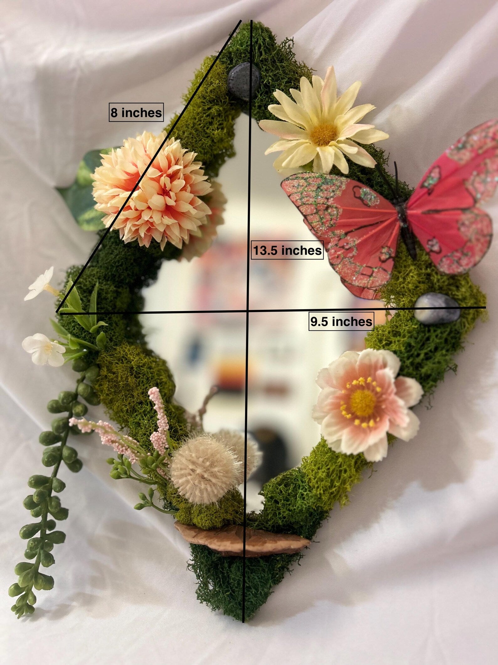 Pink Butterfly Fairy Mirror with Preserved Moss and Crystal Art