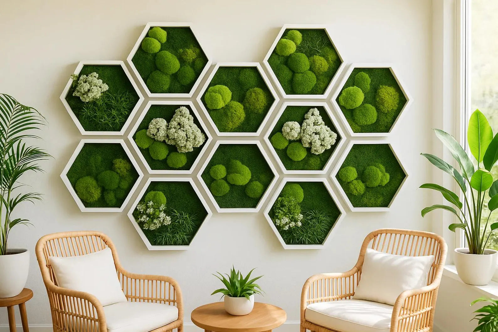 Handmade Moss Wall Art – Preserved Moss Hexagon Frame 22x24 Premium Botanical Decor