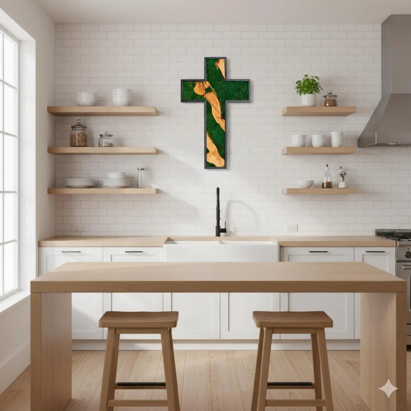 Handmade Olive Wood & Moss Cross Wall Art – Christian Wall Decor, Religious Home Decoration, Natural Wooden Cross with Preserved Moss