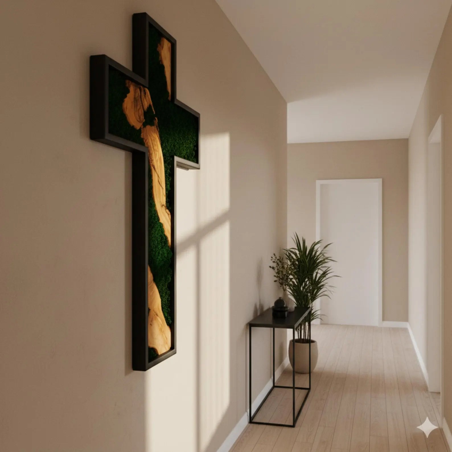 Handmade Olive Wood & Moss Cross Wall Art – Christian Wall Decor, Religious Home Decoration, Natural Wooden Cross with Preserved Moss