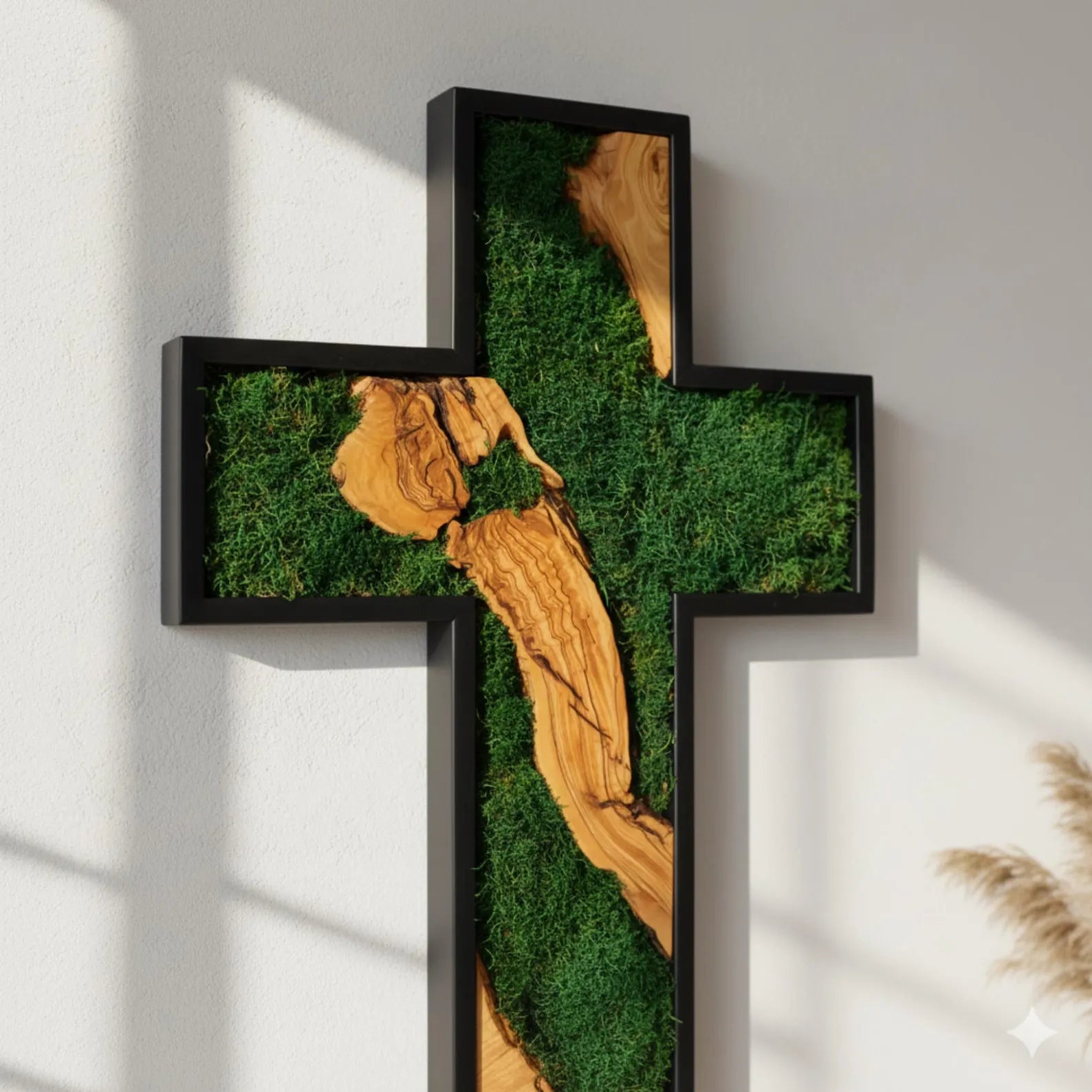 Handmade Olive Wood & Moss Cross Wall Art – Christian Wall Decor, Religious Home Decoration, Natural Wooden Cross with Preserved Moss
