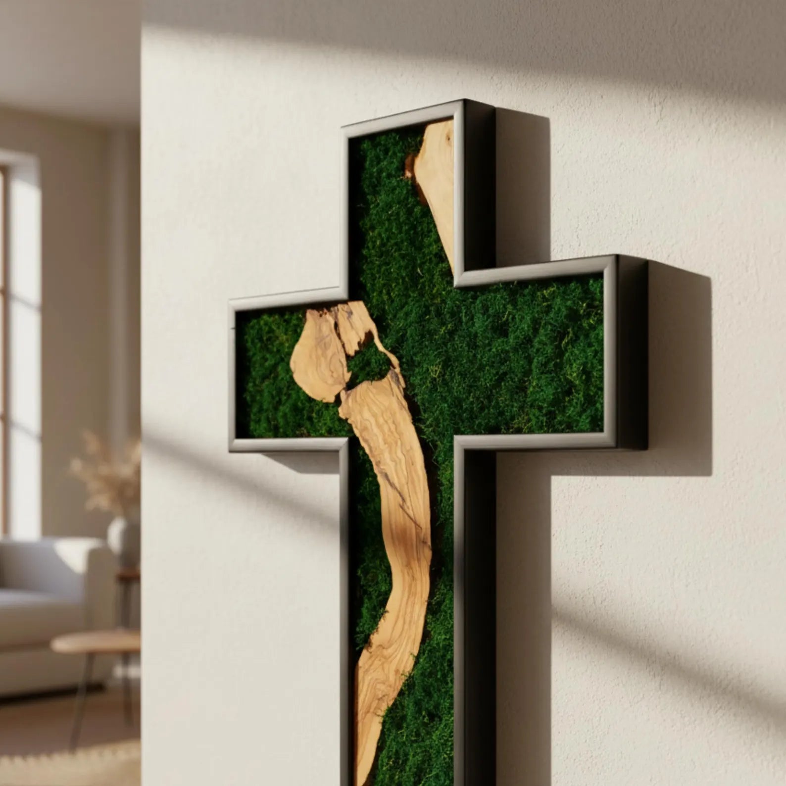 Handmade Olive Wood & Moss Cross Wall Art – Christian Wall Decor, Religious Home Decoration, Natural Wooden Cross with Preserved Moss