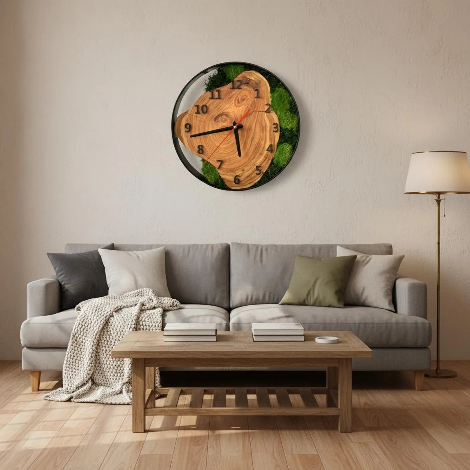 Moss and Wood Wall Clock – Rustic Silent Quartz Clock with Metal Frame, Green Nature Decor Gift