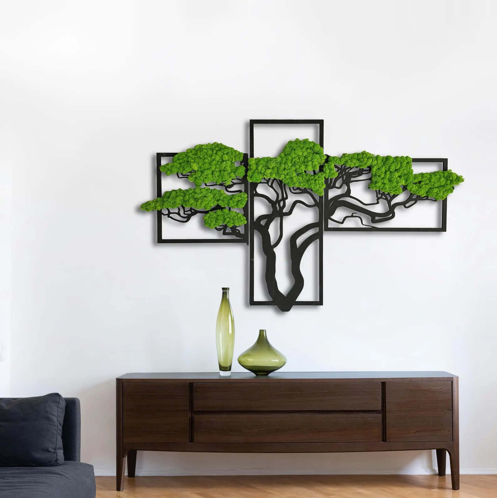 Japandi Moss Wall Art – Bonsai Tree Design with Preserved Moss (100×60–140×70 cm)