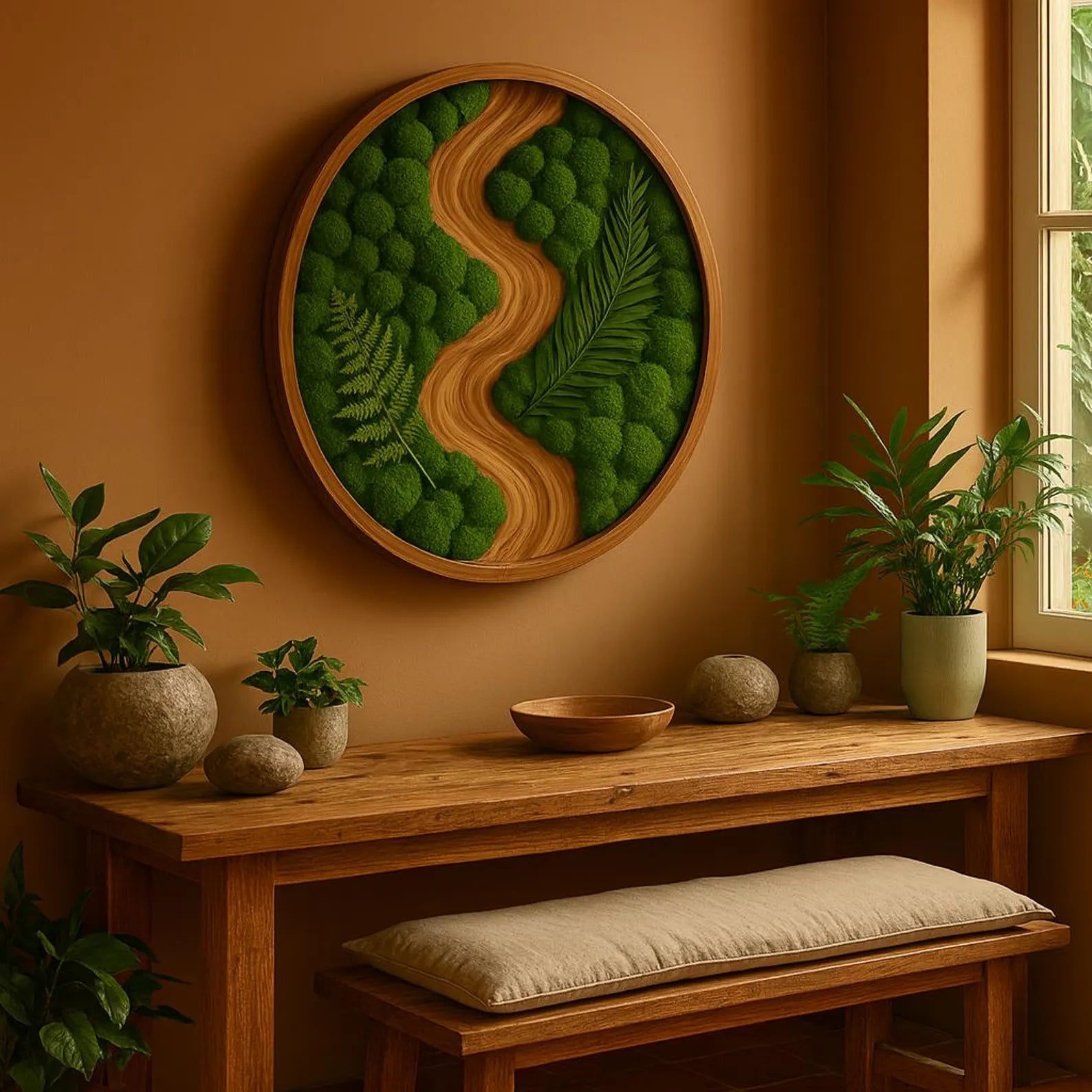 Handmade Preserved Moss Wall Art – Round Frame Natural Home Decor – Unique Green Business Gift