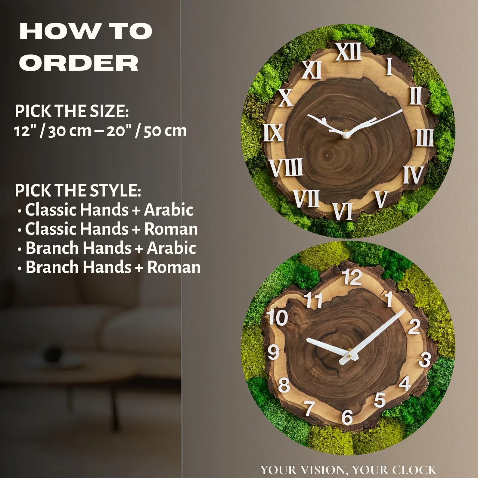 Unique Moss Wall Clock – Modern Metal Frame with Wood Slice Design