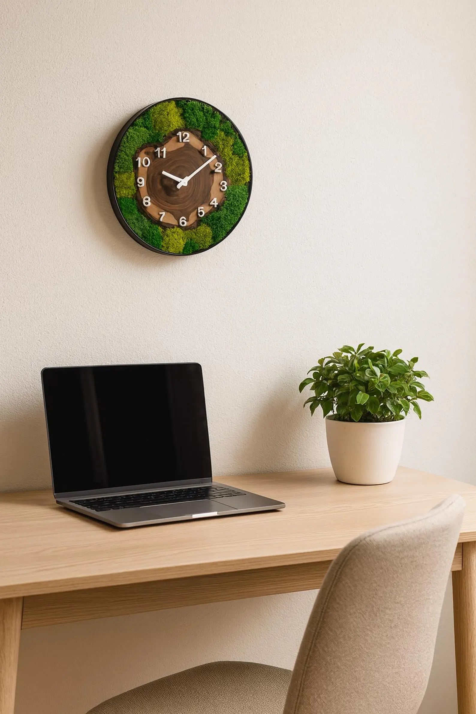 Unique Moss Wall Clock – Modern Metal Frame with Wood Slice Design