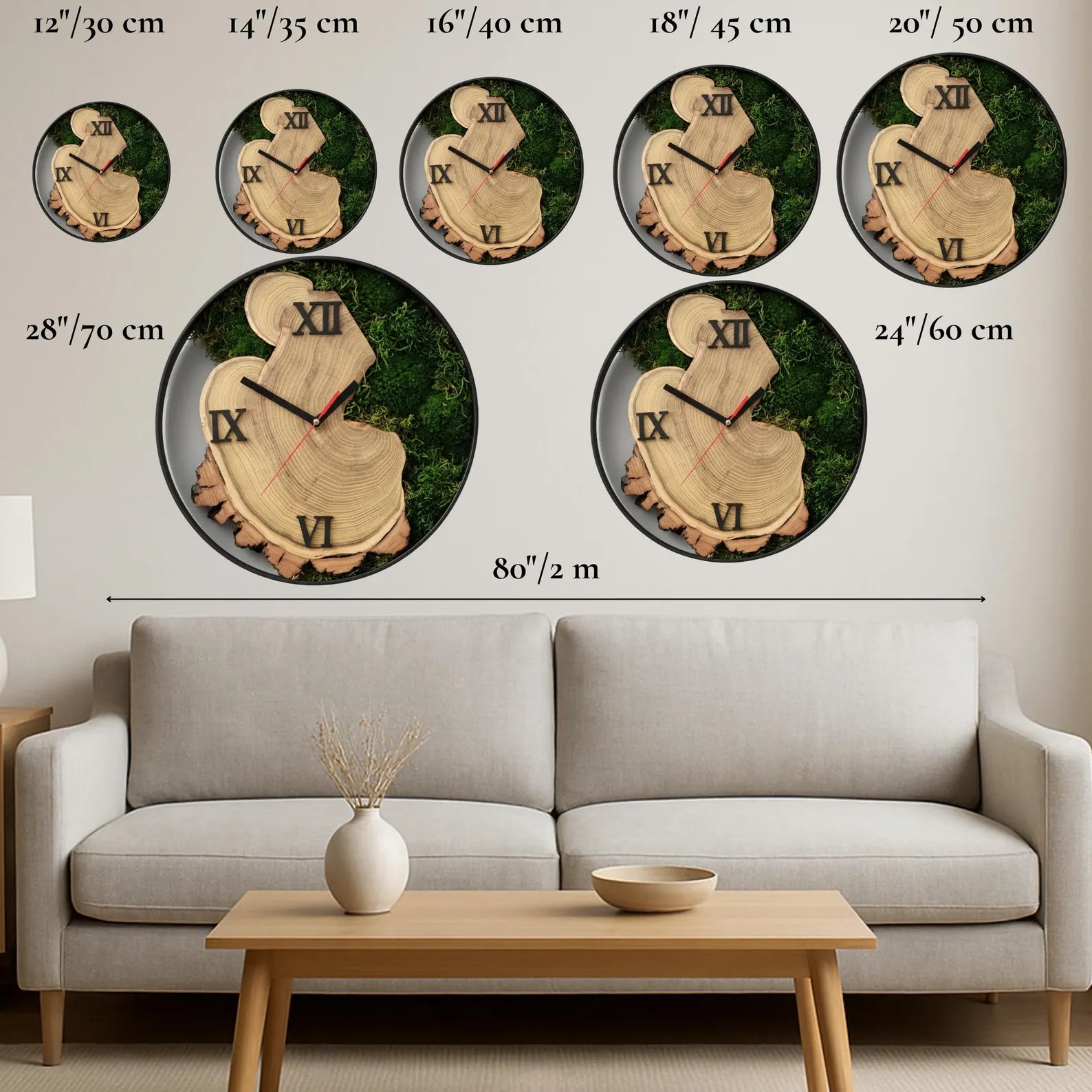 Oversized Moss Wall Clock – Wood Slice Design & Evergreen Home Decor