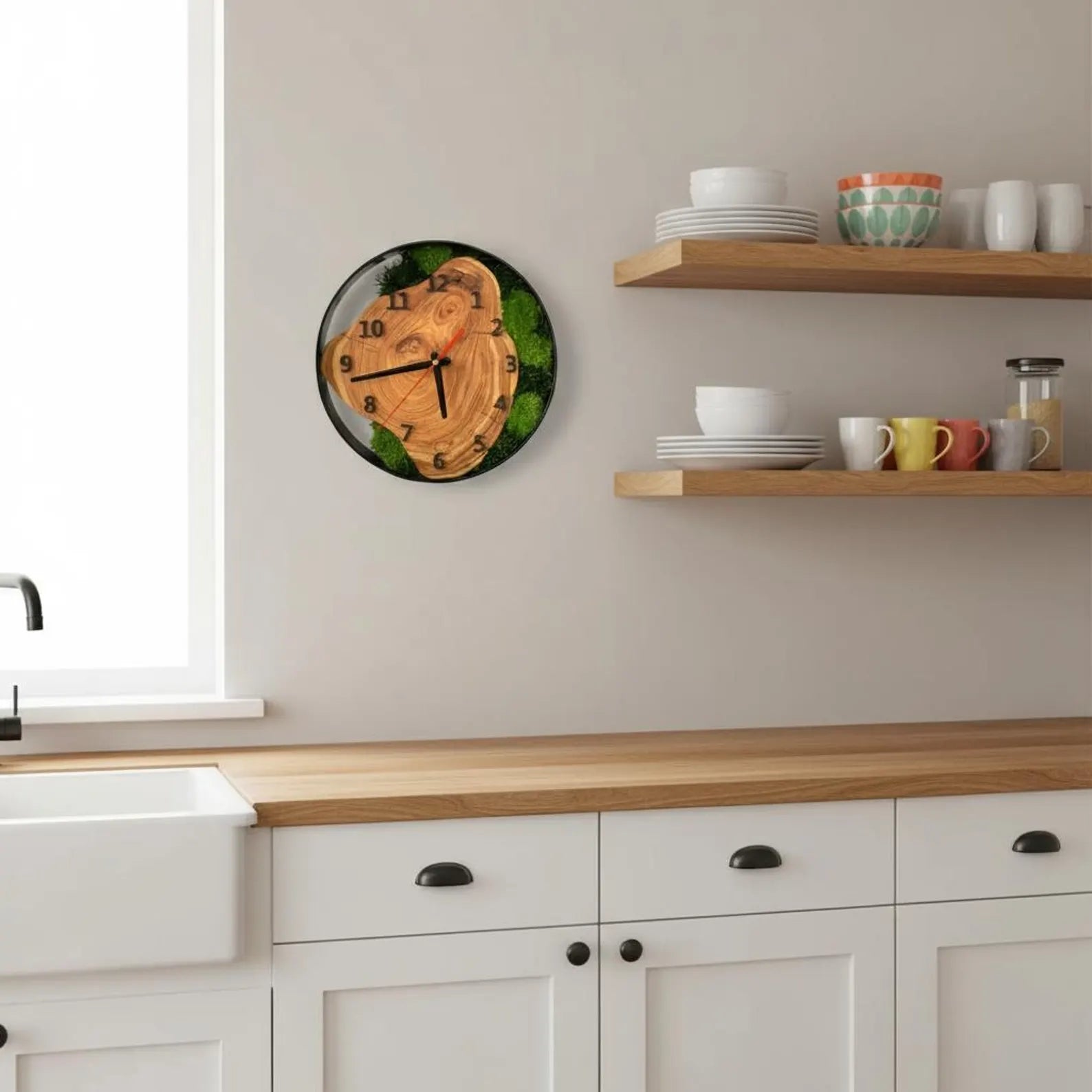 Moss and Wood Wall Clock – Rustic Silent Quartz Clock with Metal Frame, Green Nature Decor Gift