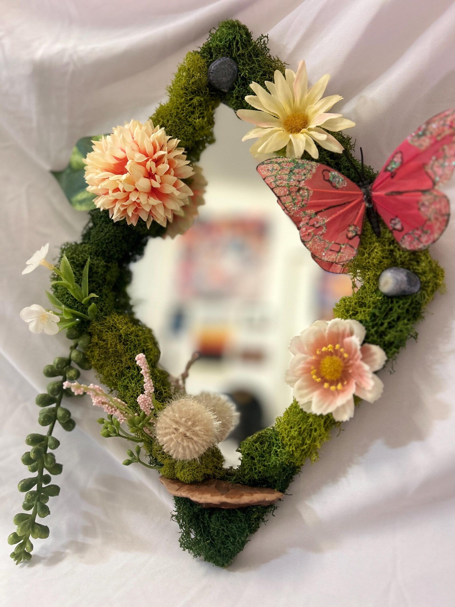 Pink Butterfly Fairy Mirror with Preserved Moss and Crystal Art