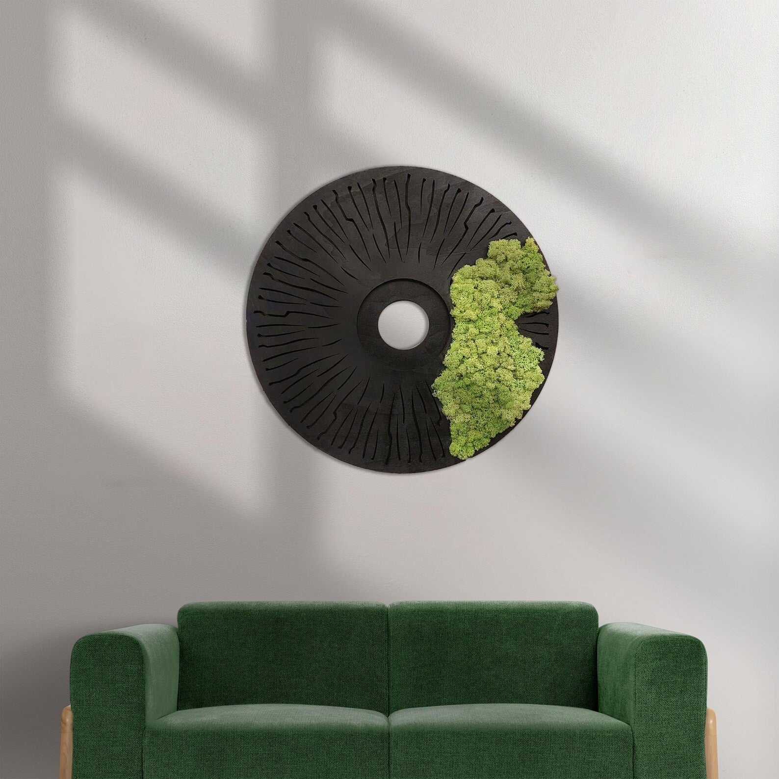 Round Moss Wall Art – Modern Black Circle Nature Decor for Home