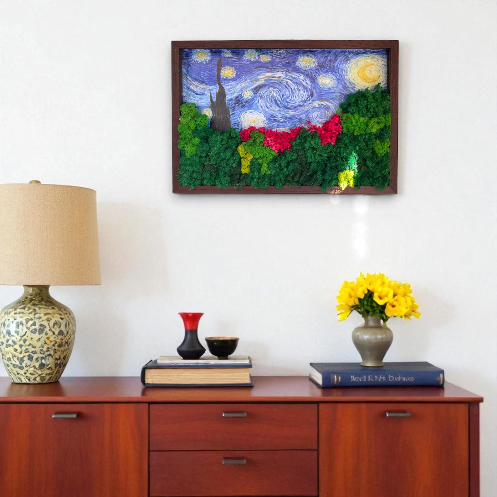Large Starry Night Moss Art – Van Gogh Inspired Preserved Wall Decor (24x16")