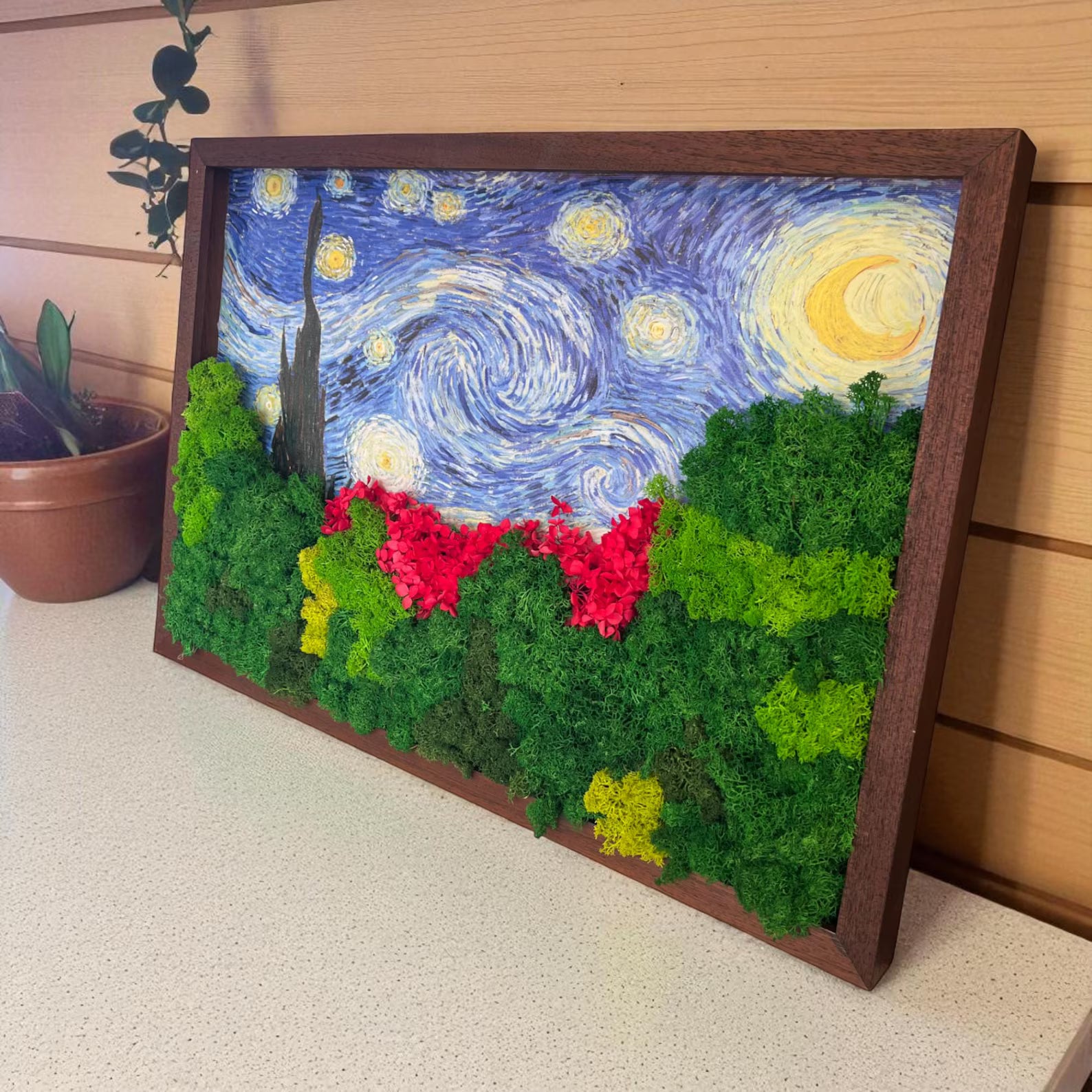 Large Starry Night Moss Art – Van Gogh Inspired Preserved Wall Decor (24x16")