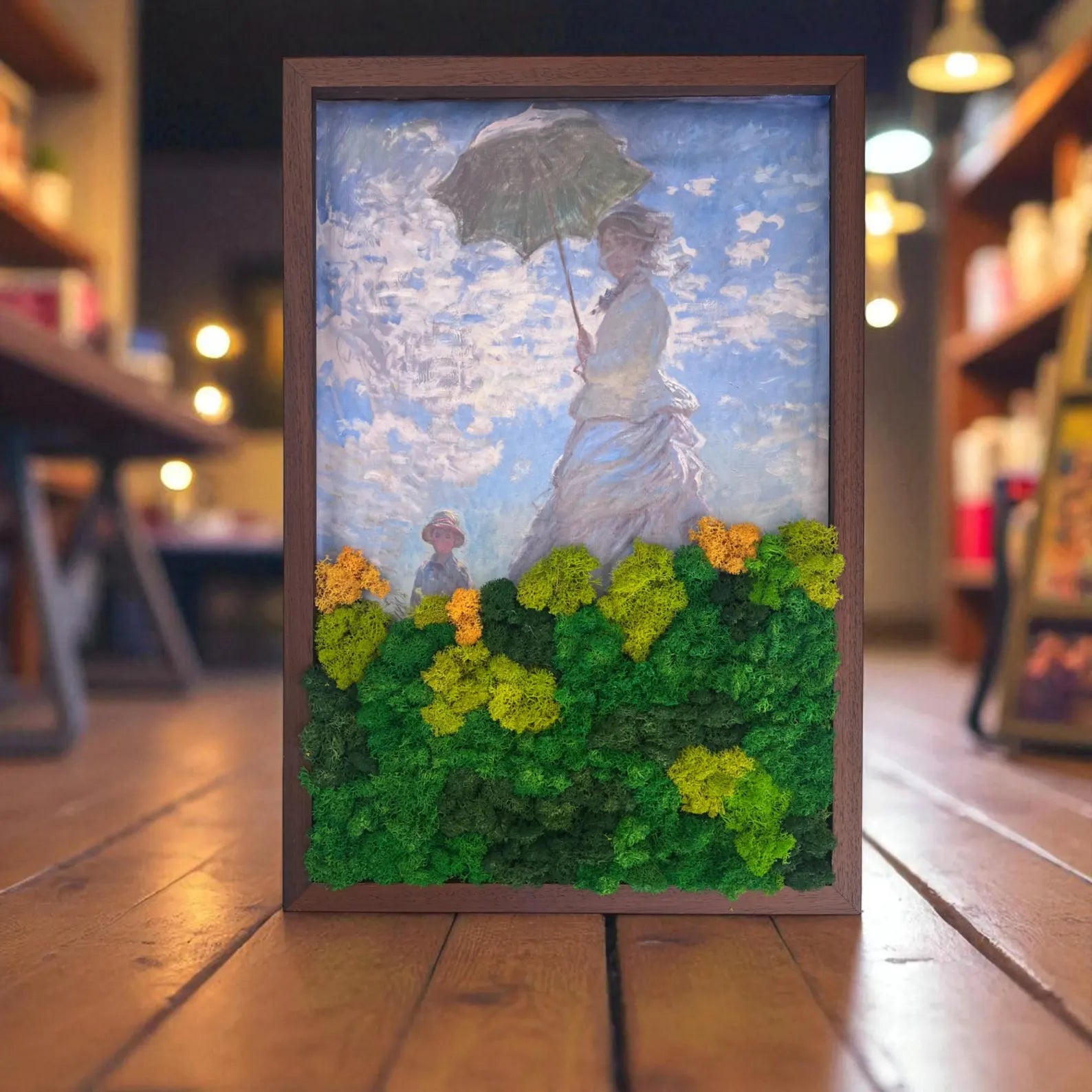 Large Monet Moss Art – Woman with Parasol Inspired Preserved Wall Decor (24x16")