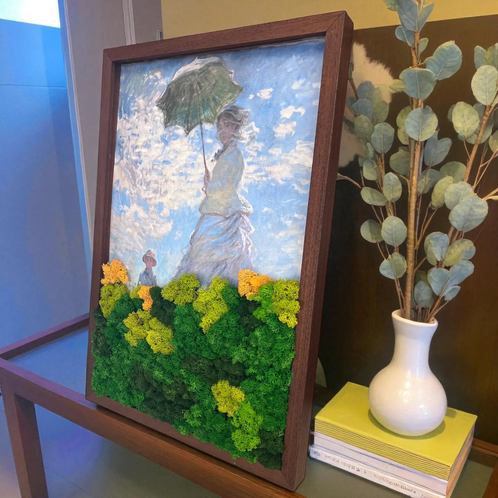 Large Monet Moss Art – Woman with Parasol Inspired Preserved Wall Decor (24x16")
