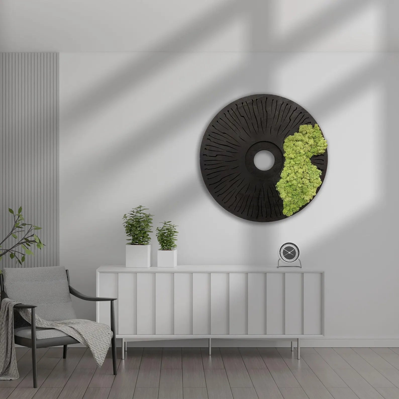 Round Moss Wall Art – Modern Black Circle Nature Decor for Home