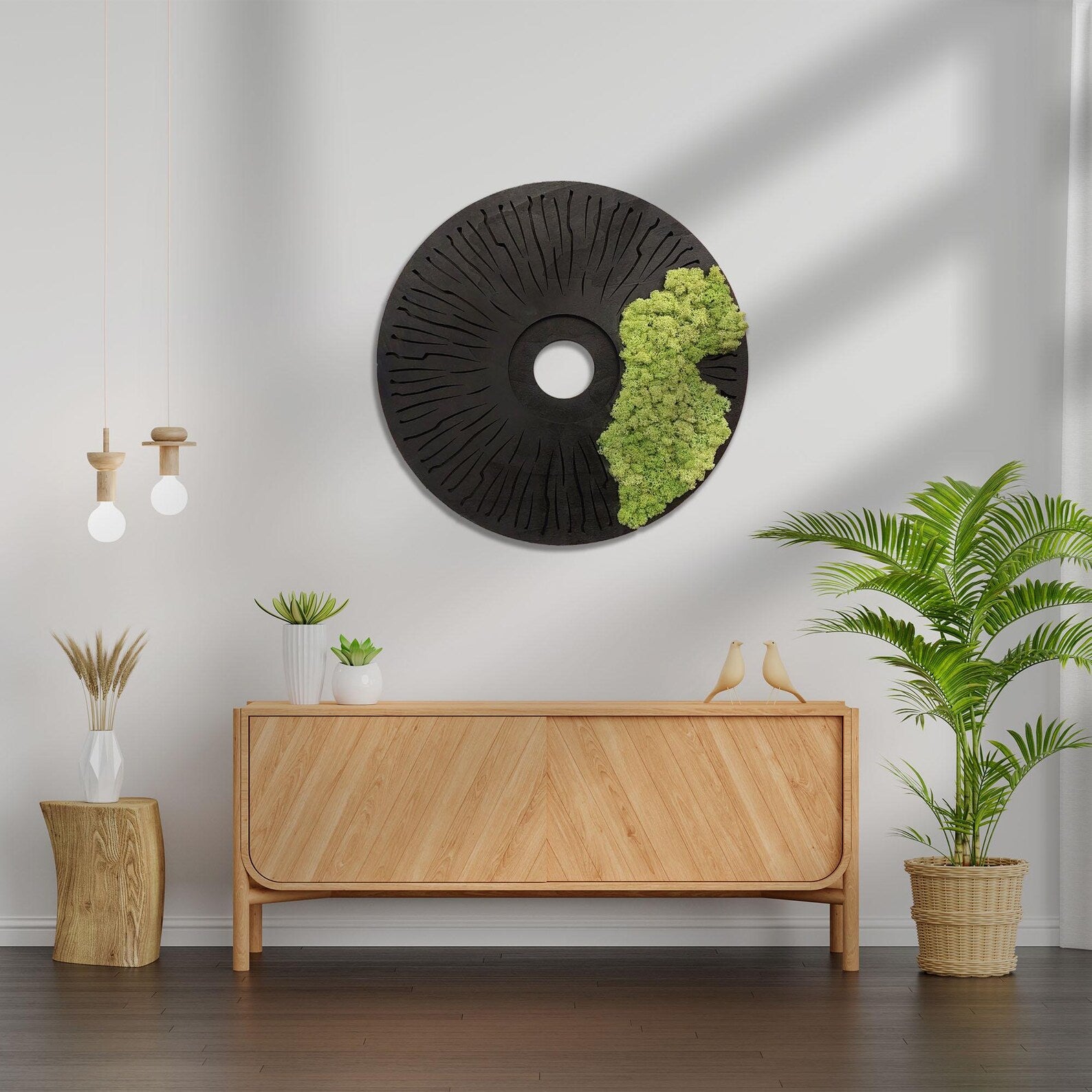 Round Moss Wall Art – Modern Black Circle Nature Decor for Home