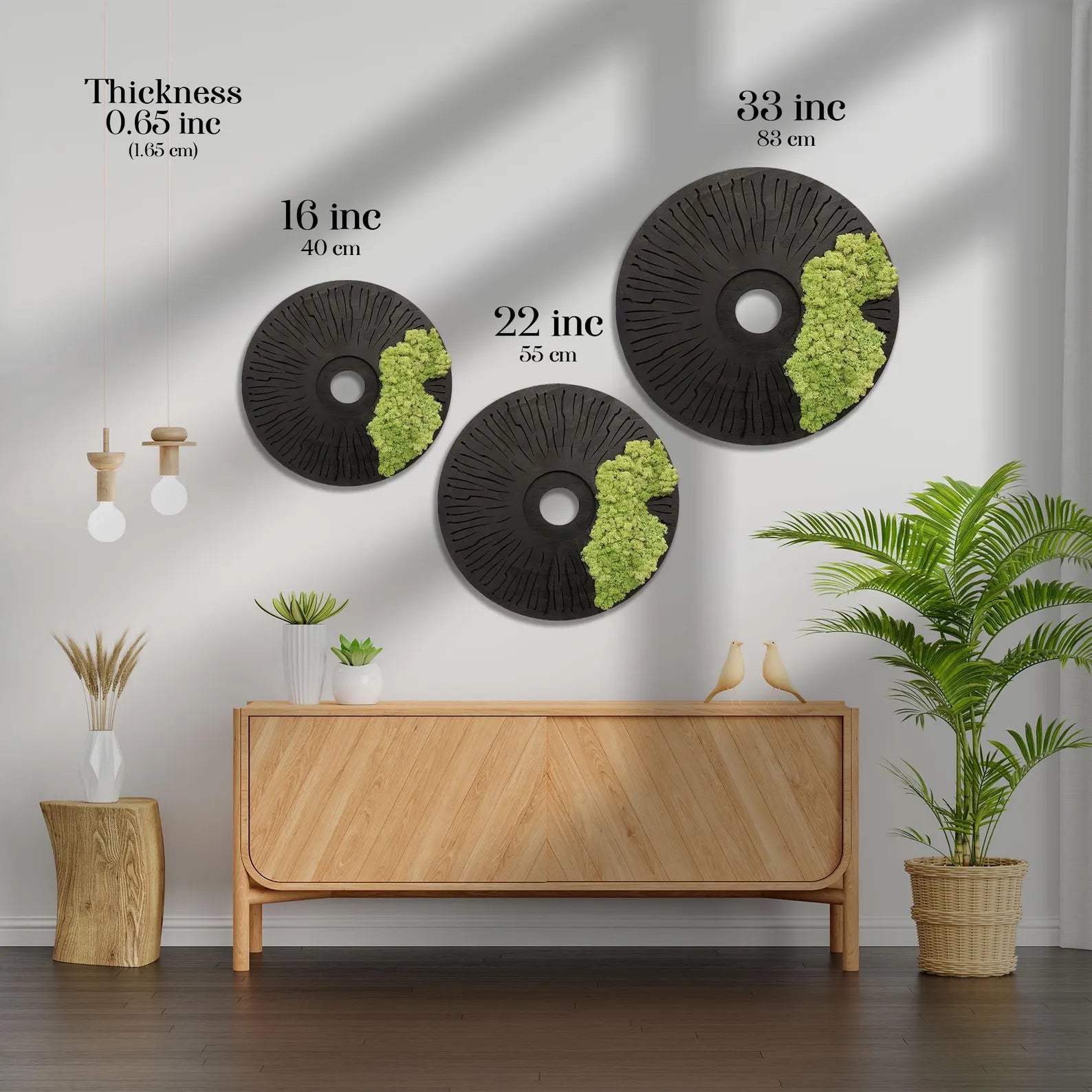 Round Moss Wall Art – Modern Black Circle Nature Decor for Home