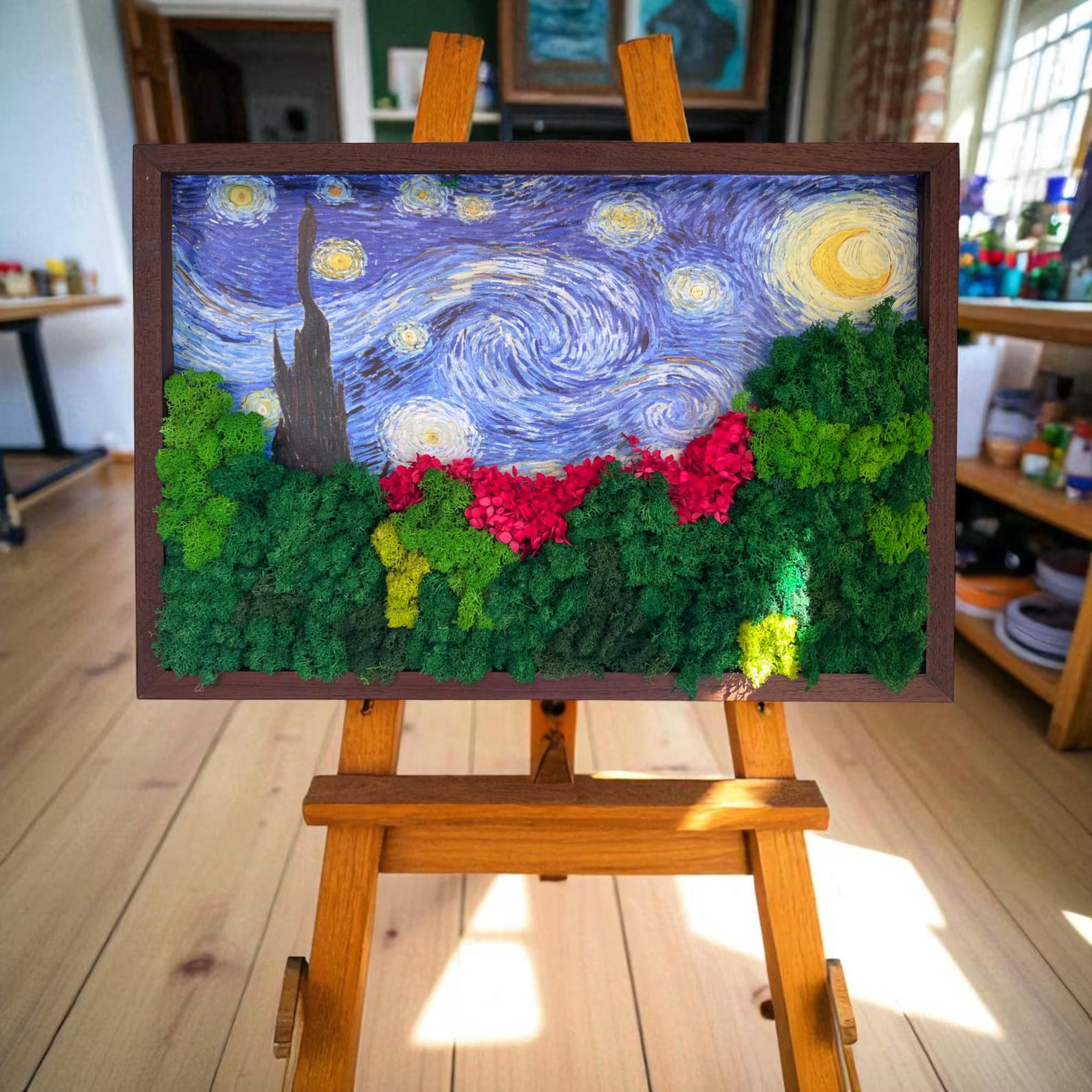 Large Starry Night Moss Art – Van Gogh Inspired Preserved Wall Decor (24x16")