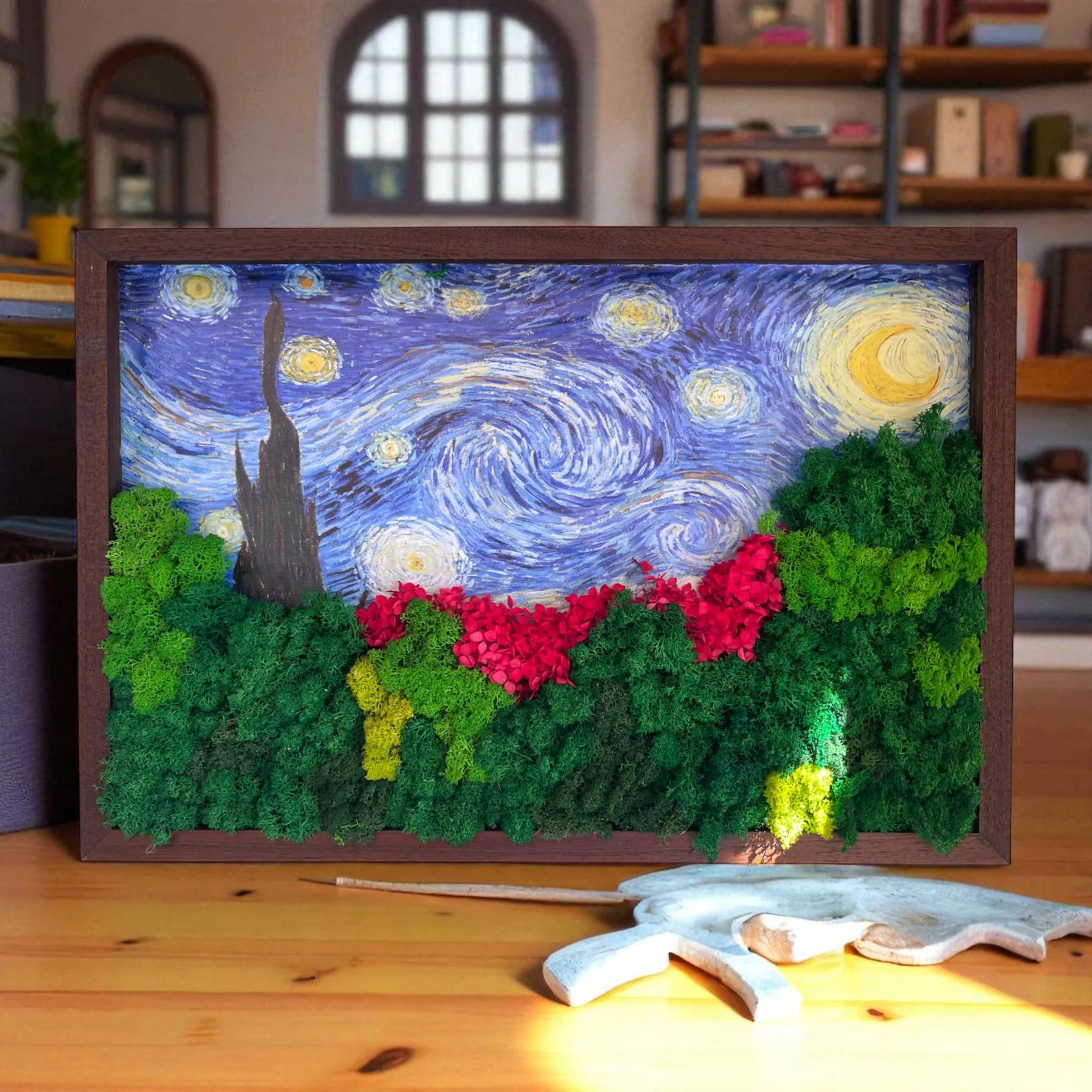 Large Starry Night Moss Art – Van Gogh Inspired Preserved Wall Decor (24x16")
