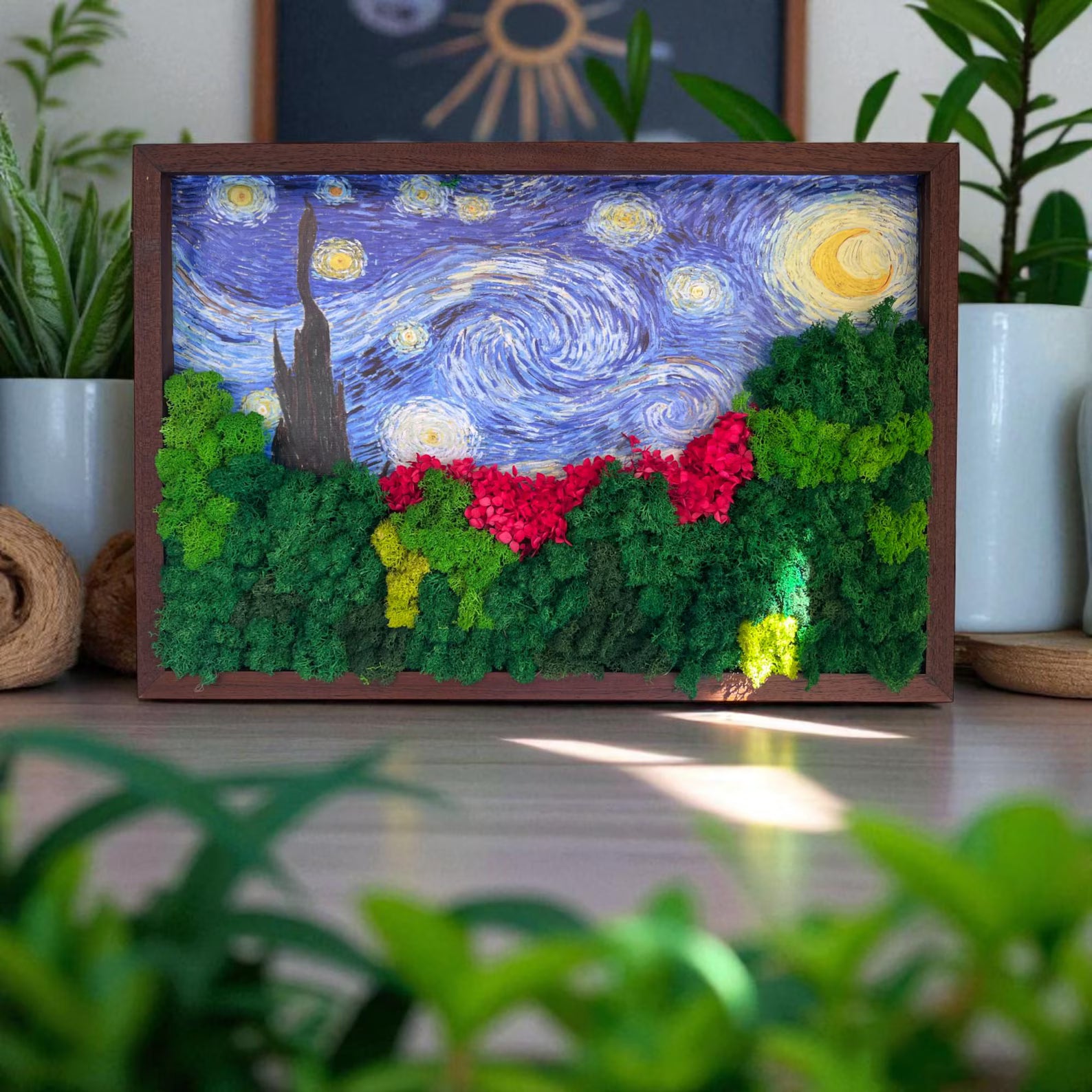 Large Starry Night Moss Art – Van Gogh Inspired Preserved Wall Decor (24x16")