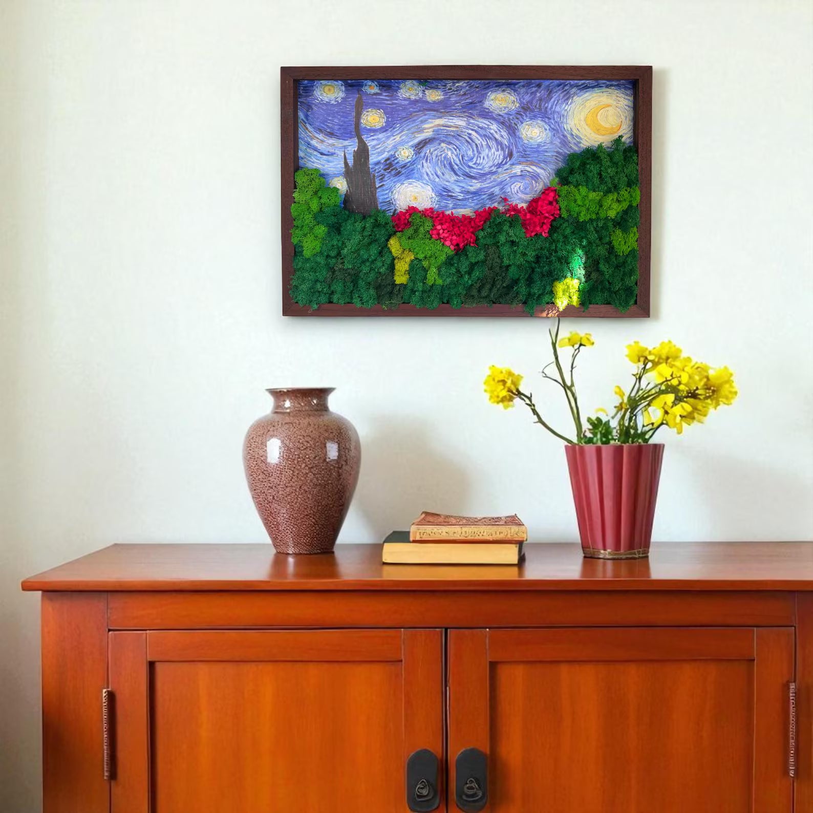 Large Starry Night Moss Art – Van Gogh Inspired Preserved Wall Decor (24x16")