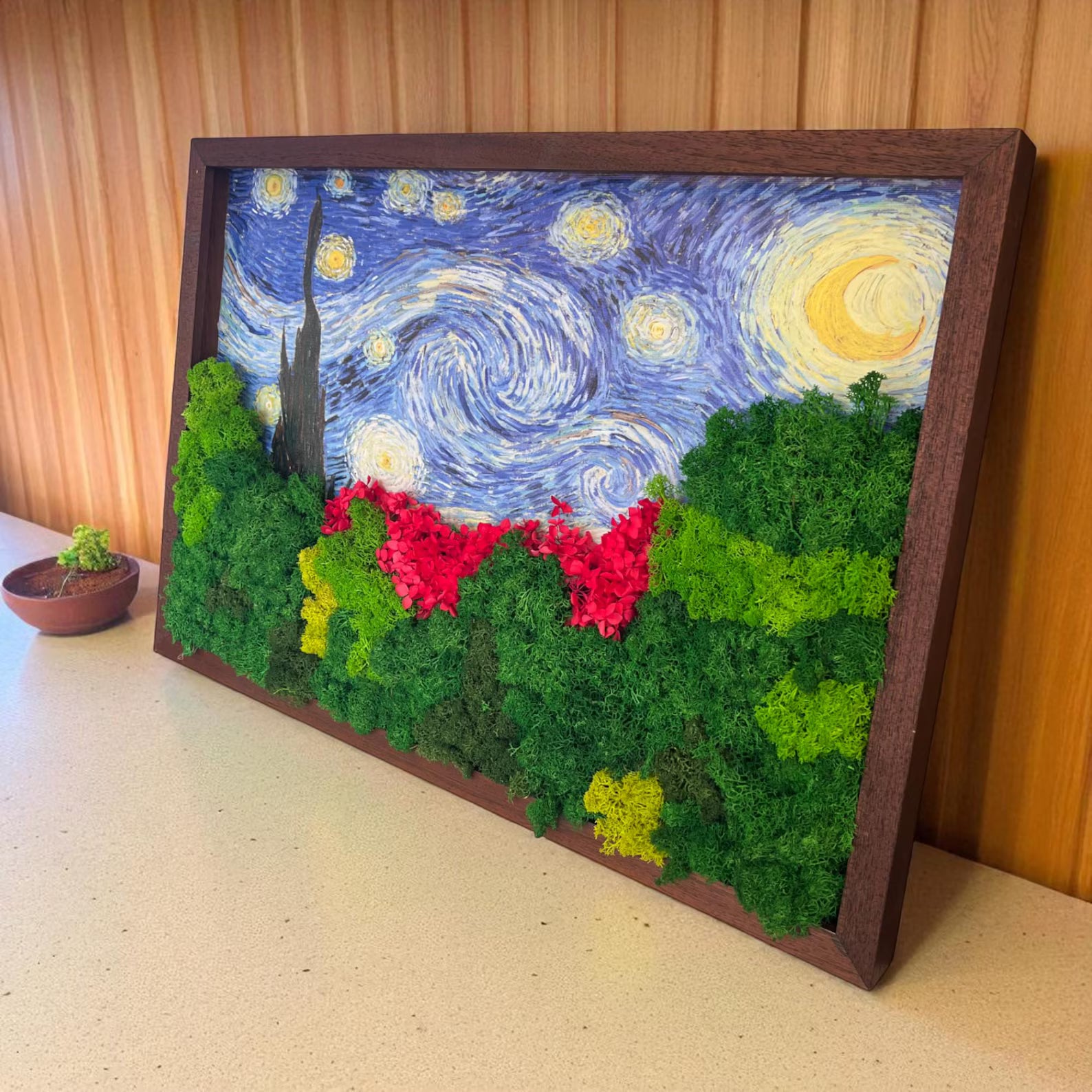 Large Starry Night Moss Art – Van Gogh Inspired Preserved Wall Decor (24x16")