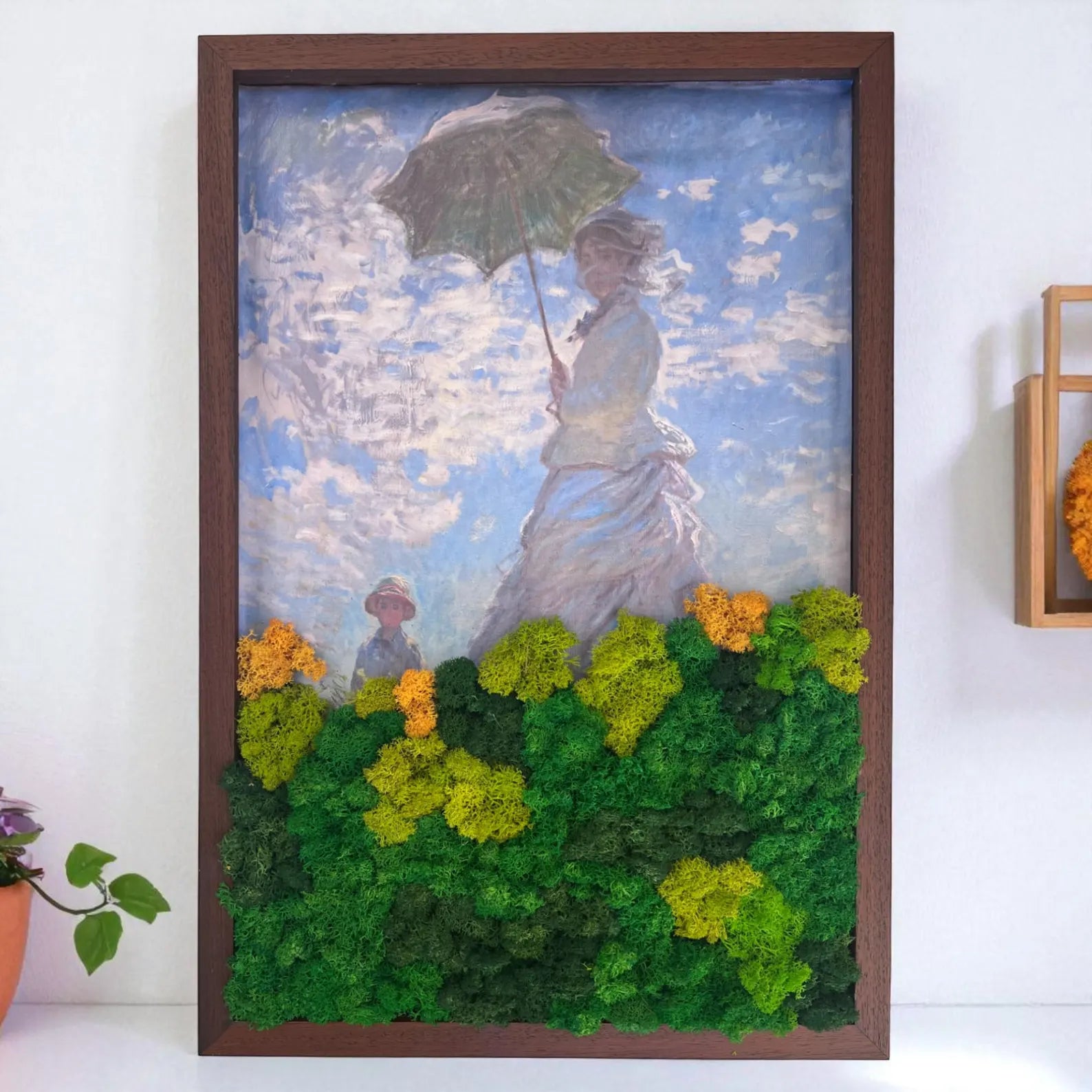 Large Monet Moss Art – Woman with Parasol Inspired Preserved Wall Decor (24x16")