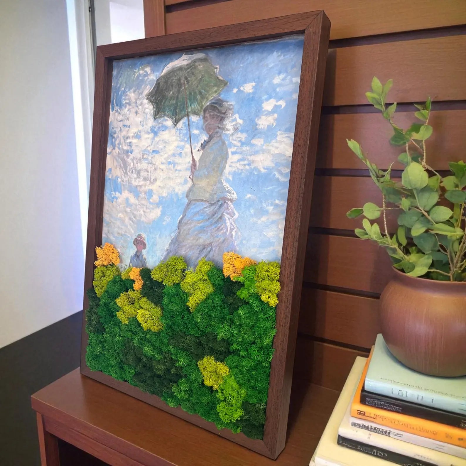 Large Monet Moss Art – Woman with Parasol Inspired Preserved Wall Decor (24x16")
