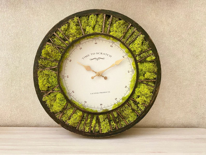 Unique Moss Wall Art Clock – Lemon Green Biophilic Decor, Wedding & Anniversary Gift