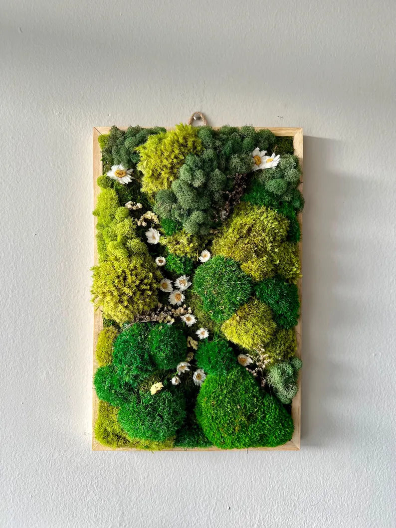 Preserved Moss Wall Art – Green Moss and Wood Decor with Floral Accents