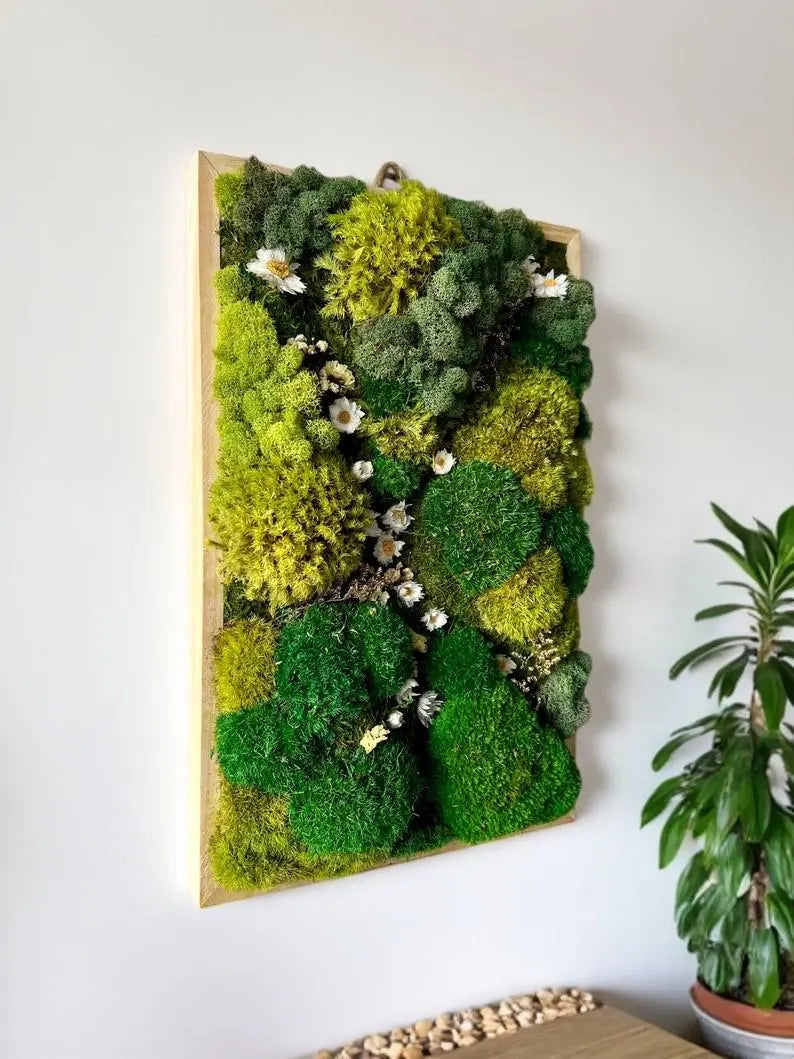Preserved Moss Wall Art – Green Moss and Wood Decor with Floral Accents