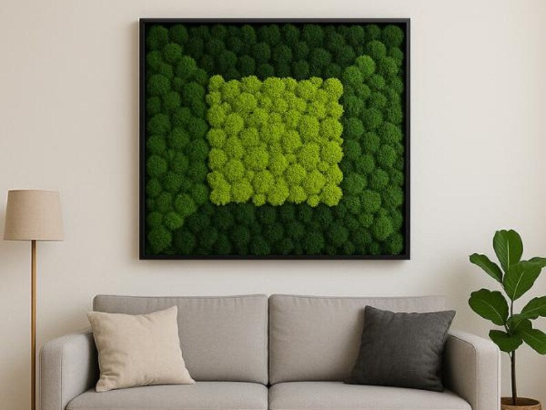 Preserved Moss Wall Art 24x24 – Eco-Friendly Green Plant Decor in Black Frame