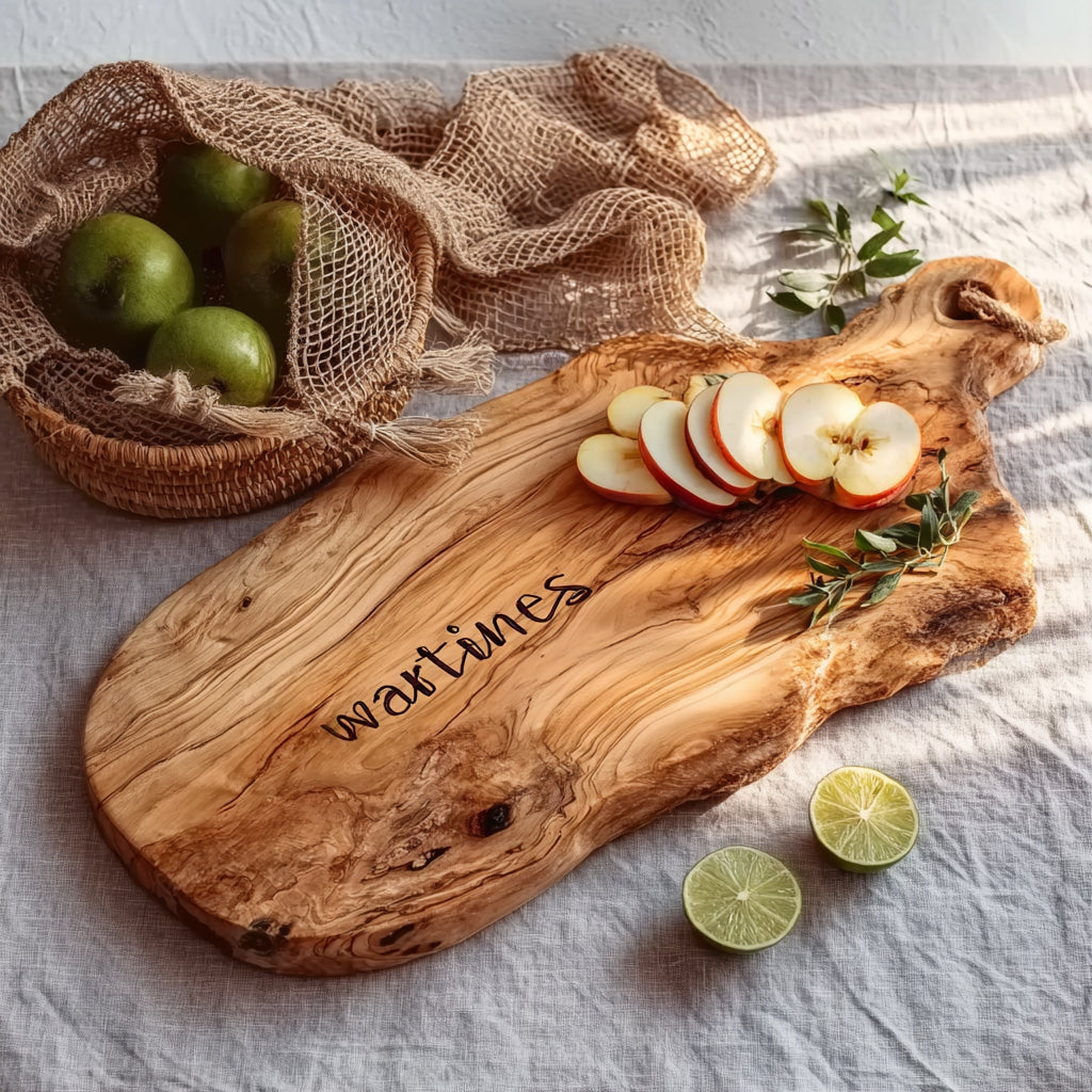 Rustic wooden cutting board with sliced apple, green limes, and wicker basket of green apples on linen cloth